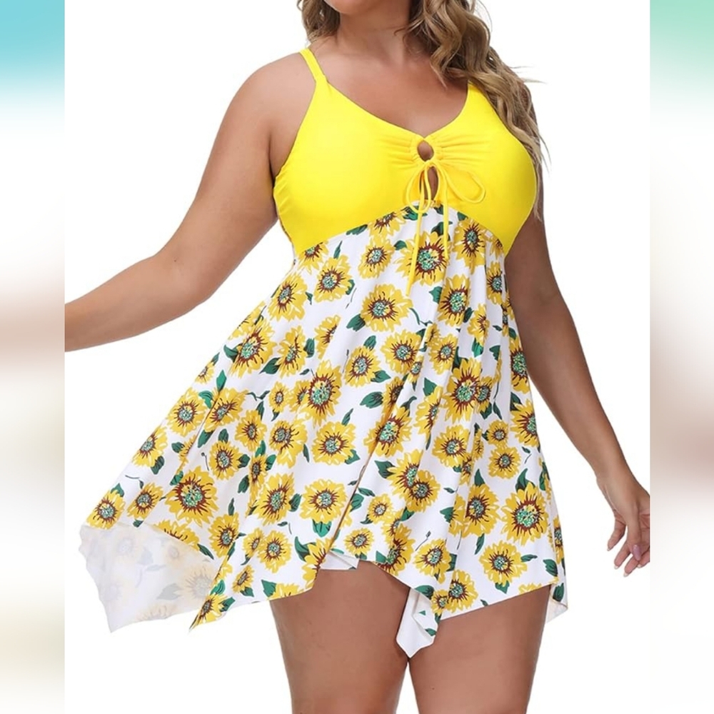 HANNA NIKOLE PLUS SIZE Yellow Sunflower Print Swimdress